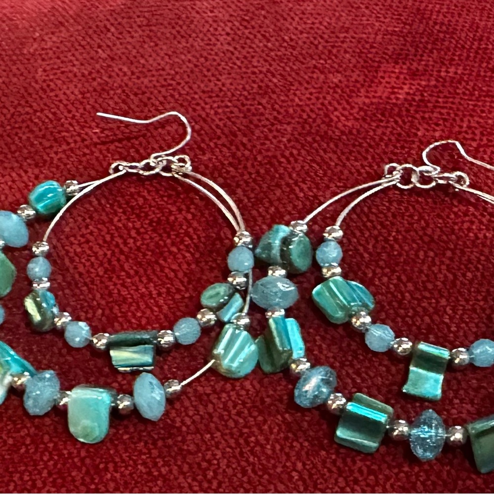 Elegant Silver and Blue-Green Hoop Earrings